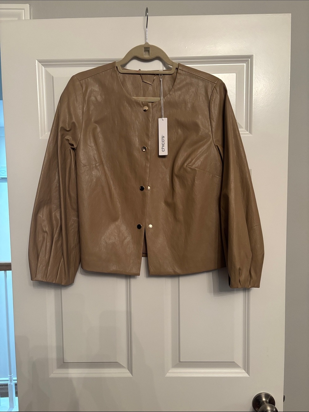 Chico's Women's Tan Collarless Leather Button Jacket